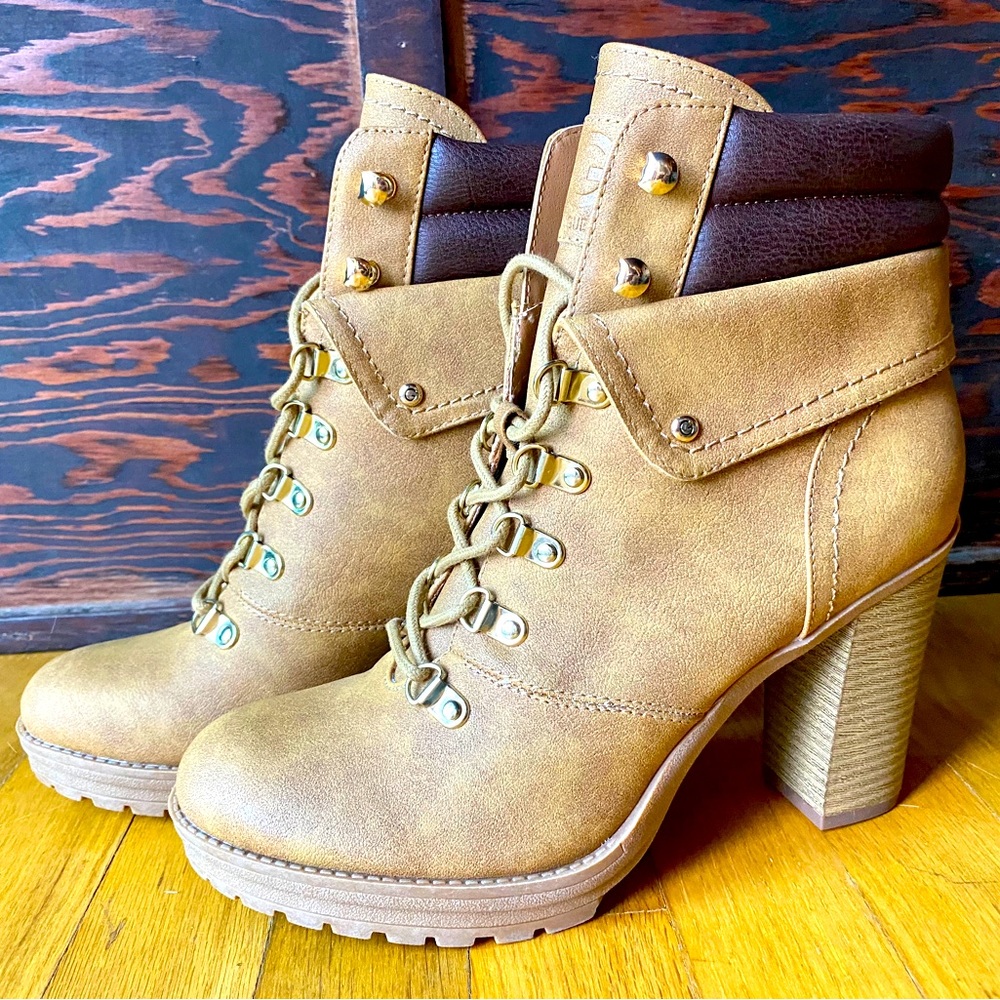 Women's Guess boots, size 9 1/2. Light brown. Comfy 3" heels with rubber tread.